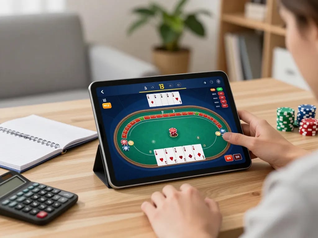 Engaged player strategizing in an online poker game on 33winvn platform.