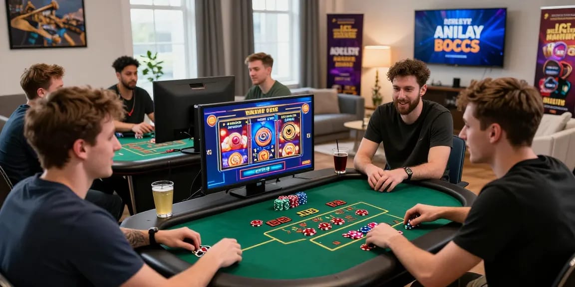 Diverse group of British players enjoying live dealer games at non UK casinos represented on https://sssk.org.uk with dynamic gaming setup.