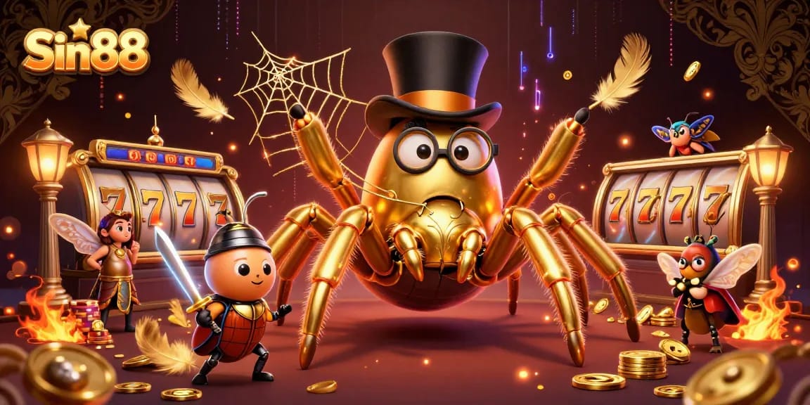 Sin88 brings excitement to online gaming with a vivid scene of a golden tarantula and a beetle knight in a casino