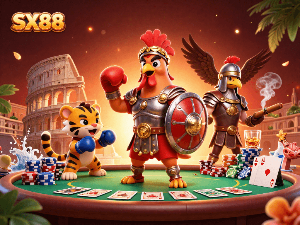 SX88 features a dynamic gaming scene with a gladiator rooster and poker action, highlighting thrilling casino moments.