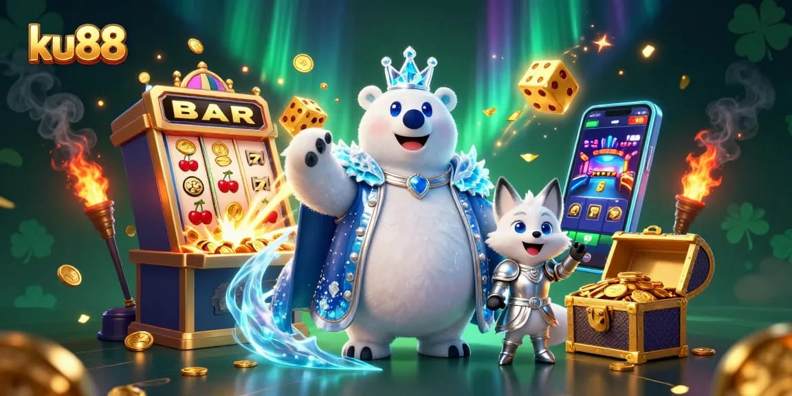 Get ready for a jackpot adventure at ku88 with a lively scene featuring a polar bear king and a snow fox.