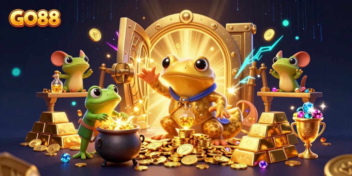 Engage with GO88's vibrant casino experience featuring a golden alchemist, gold coins, and dynamic treasures.