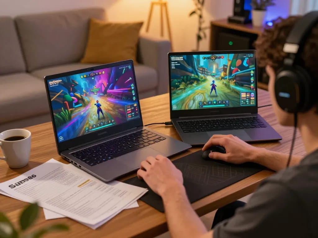 Engaged player enjoying sam86 online gaming session on sleek laptop in cozy home setup