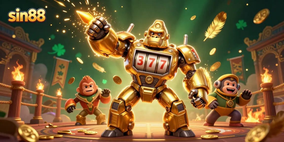 Engage with the thrilling slots at sin88 featuring a golden gorilla mech amidst explosive gold coins and dynamic casino elements.