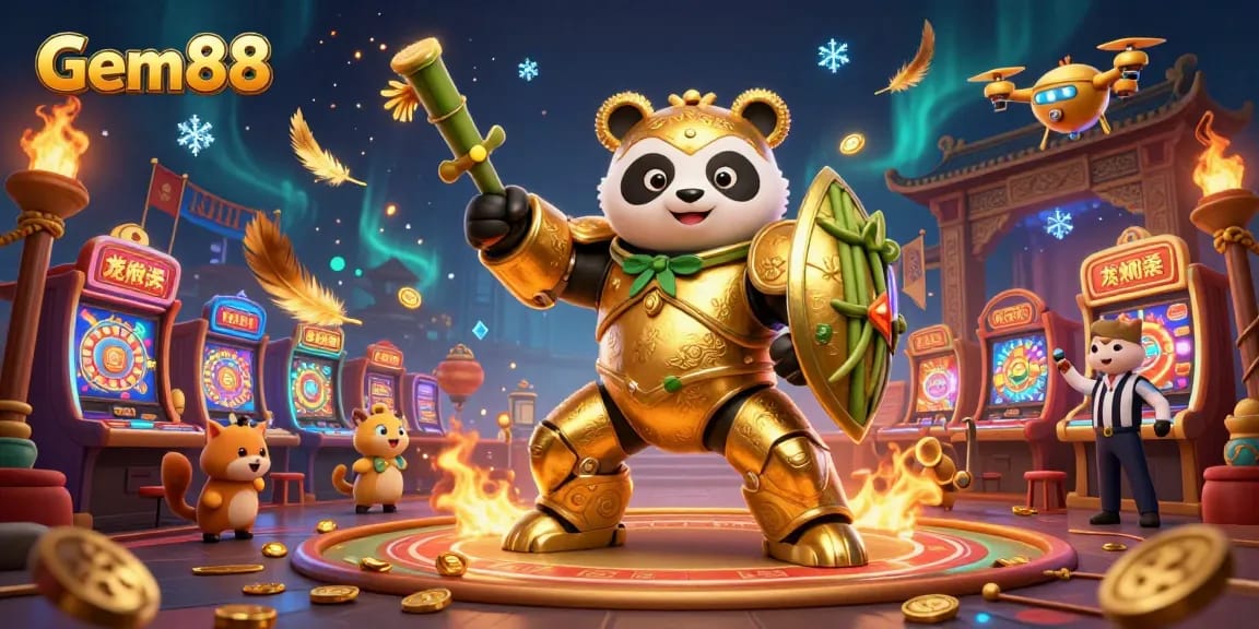 Join the excitement with Gem88 at a dynamic casino scene featuring a mech-suit panda and lively gaming elements.
