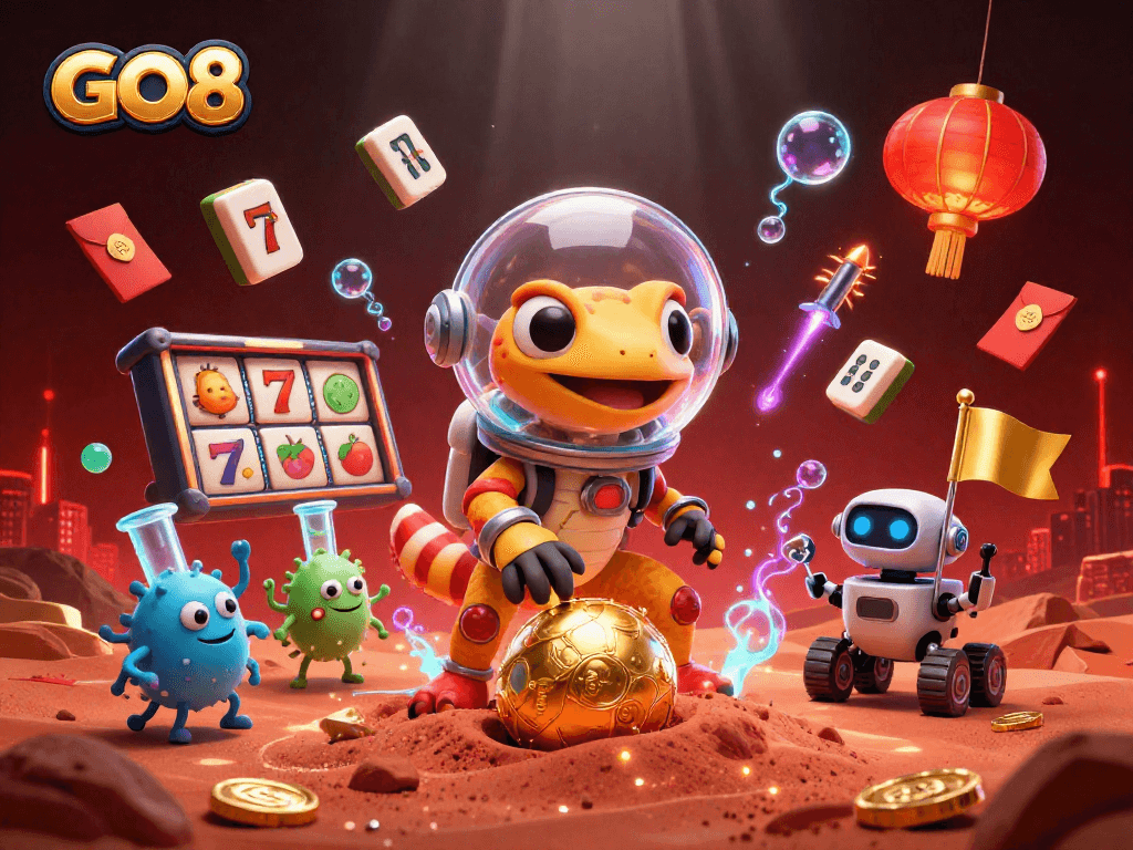 GO8's Martian gecko uncovers a golden casino amidst a vibrant cosmic scene full of excitement.