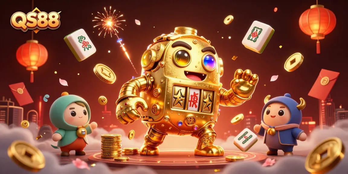 Experience the excitement of QS88 with a dynamic illustration featuring a golden golem and casino elements.