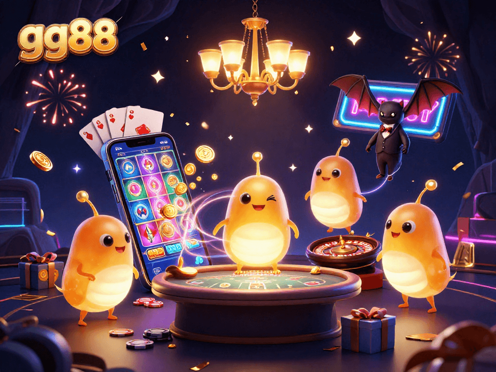 Join the excitement at gg88 with colorful slot games, illuminated by glowworms in a vibrant casino.