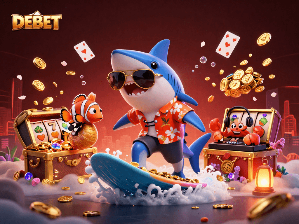 Win big with DEBET while enjoying a vibrant 3D casino adventure featuring playful aquatic characters.