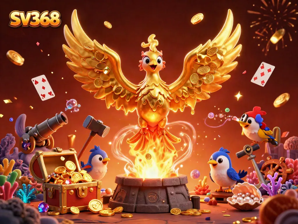 Engage in gambling excitement with SV368 featuring a golden phoenix and rich casino elements.