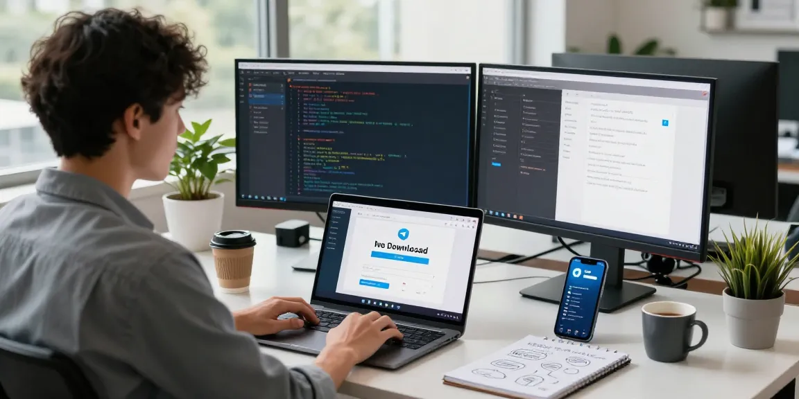 Focused professional downloading Telegram for seamless communication in a modern tech workspace.