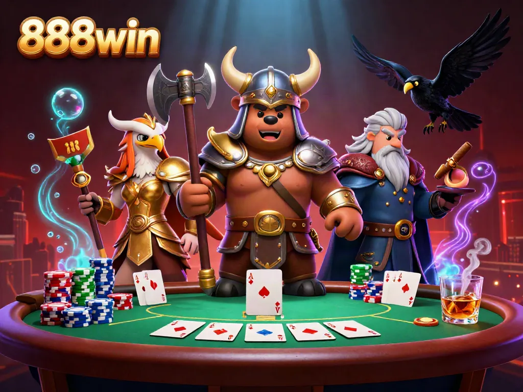 Engage with 888win's thrilling gambling scene featuring a Viking bear and Valkyrie eagle.