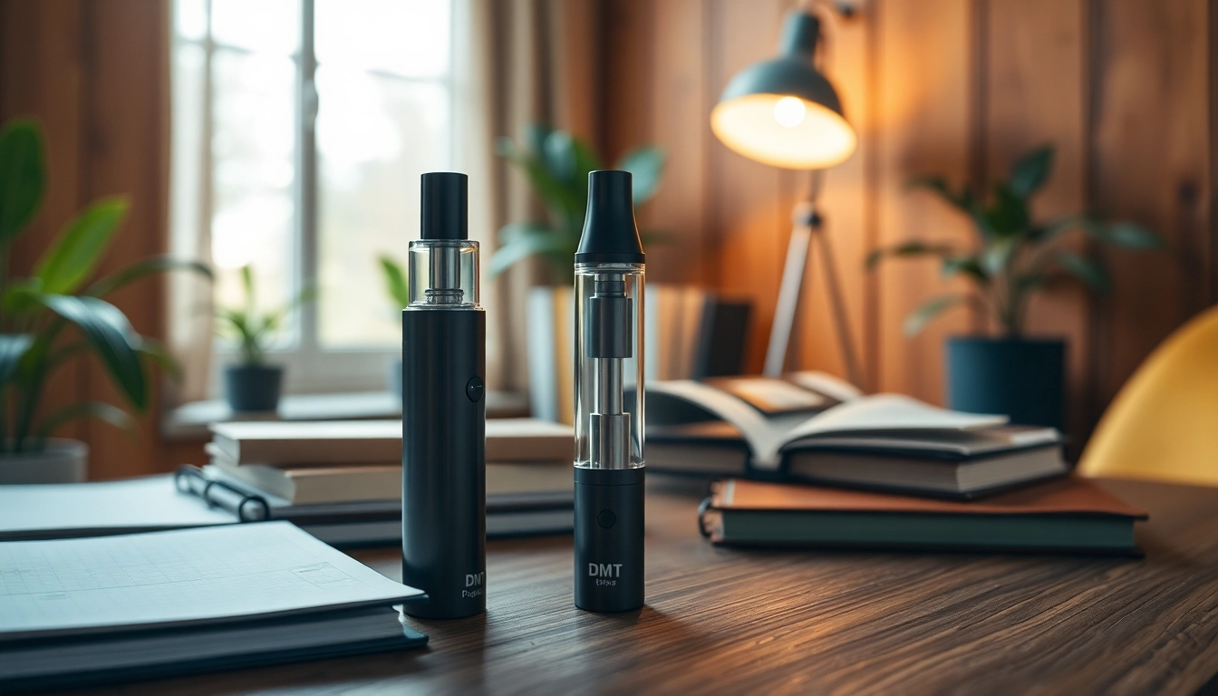 Buy DMT online through a sleek DMT vape cartridge in a cozy study, emphasizing relaxation.