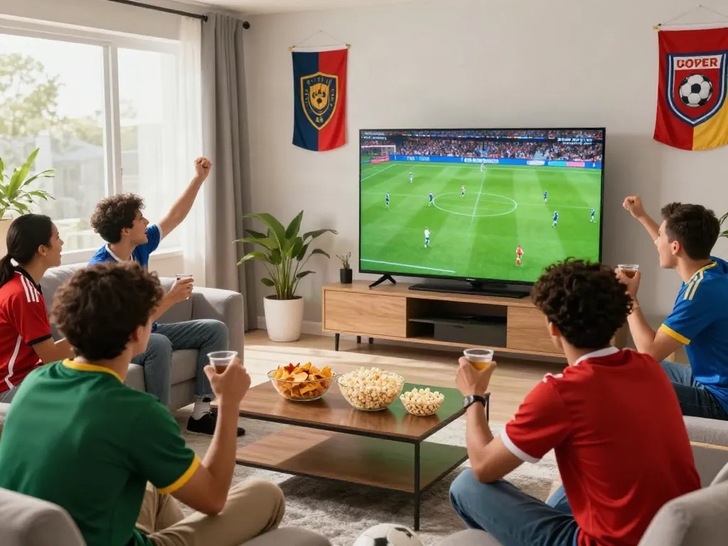 Friends enjoying gà vàng tv soccer match in a lively living room.