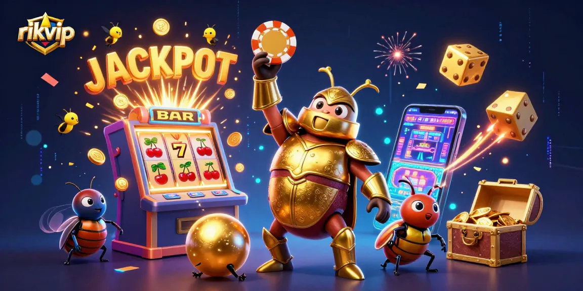 Experience the thrill of rikvip with a victorious golden beetle character in an explosive jackpot scene.