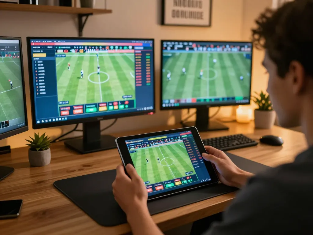 Person engaging in VA88 online sports betting, actively placing bets on tablet while monitoring live game odds on screen.