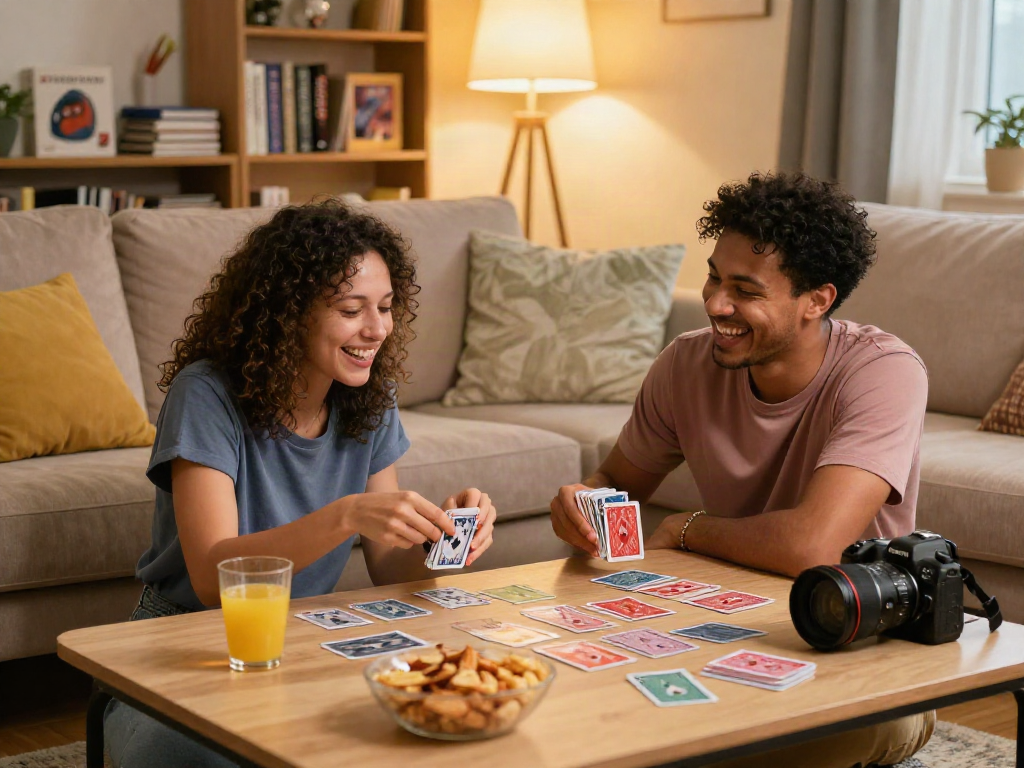 A couple enjoying a fun sex game night with laughter and snacks in a cozy living room.