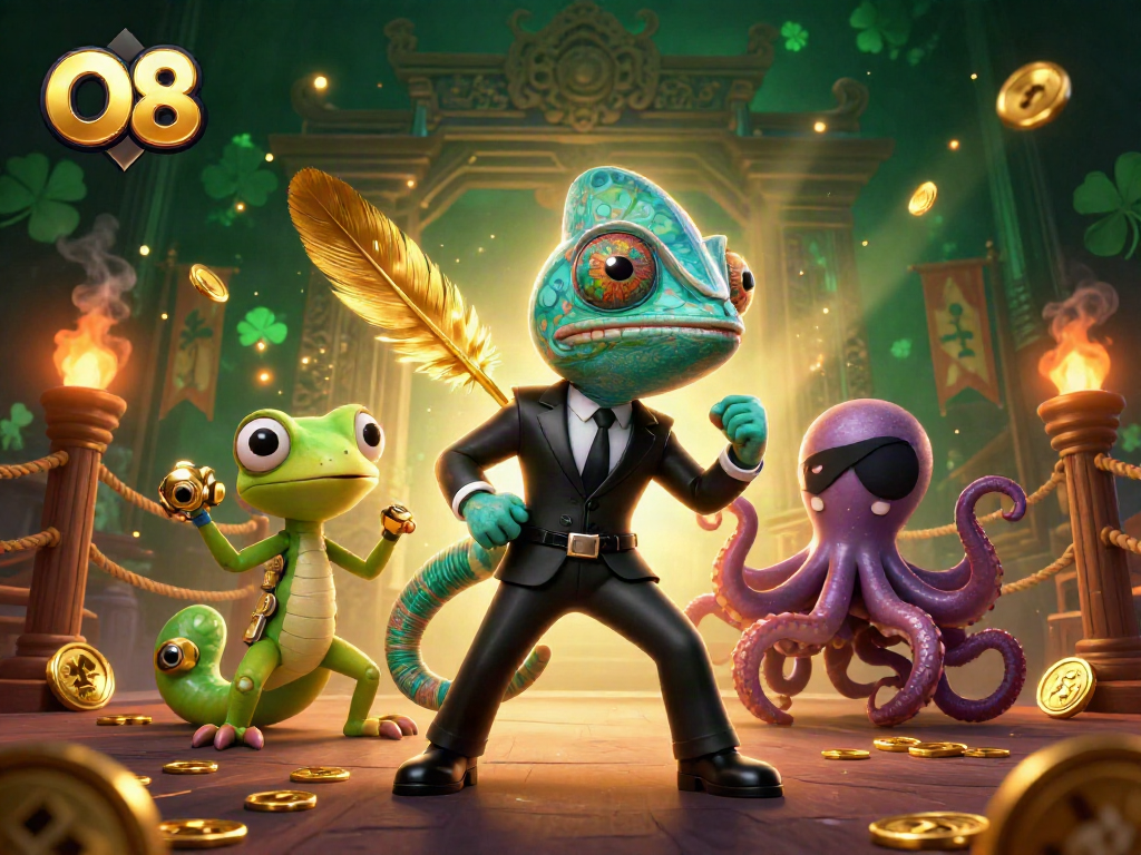 O8 illustrates a thrilling scene with a secret agent chameleon and a tech-gecko in a vibrant casino.