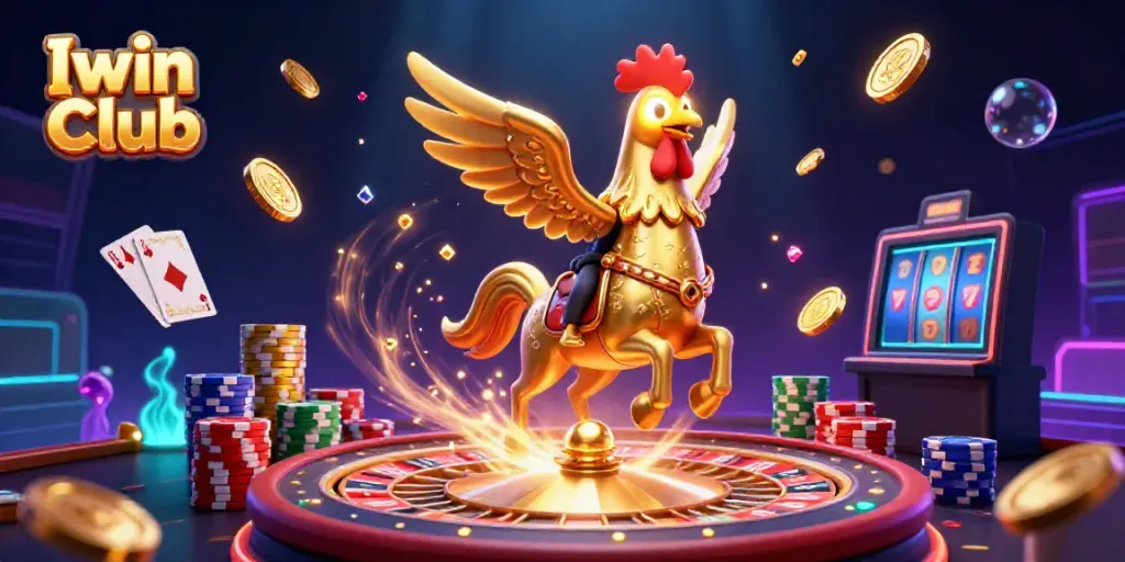 Iwin Club showcases a vivid casino scene with dynamic gaming action, surrounded by colorful chips and coins.