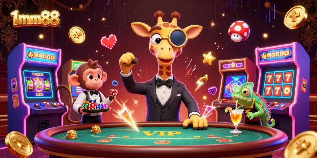Play exciting games at 1mm88, featuring a giraffe in a suit and colorful casino elements.