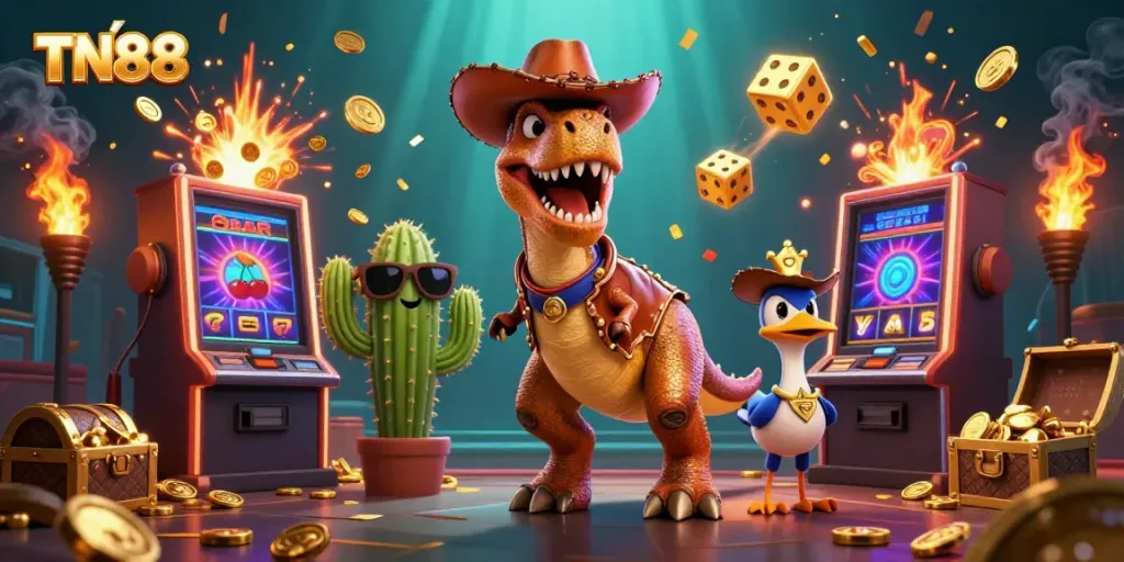Experience the fun of winning at TN88 with a thrilling 3D cartoon casino adventure scene filled with mayhem!