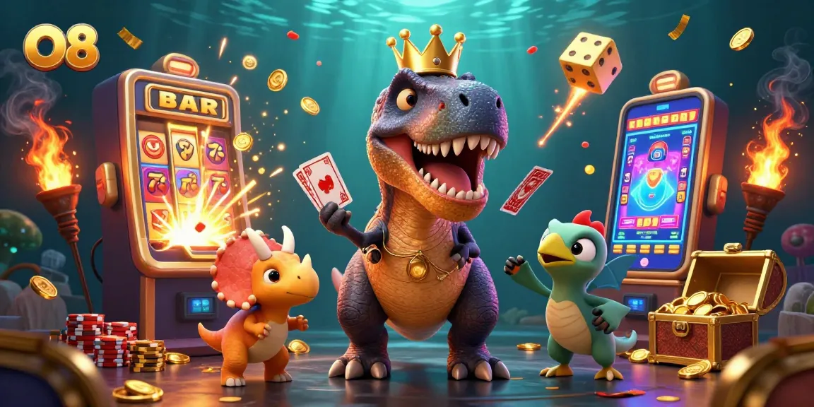 O8 gamblers enjoying a colorful casino scene with a T-Rex and friends amid jackpot excitement.