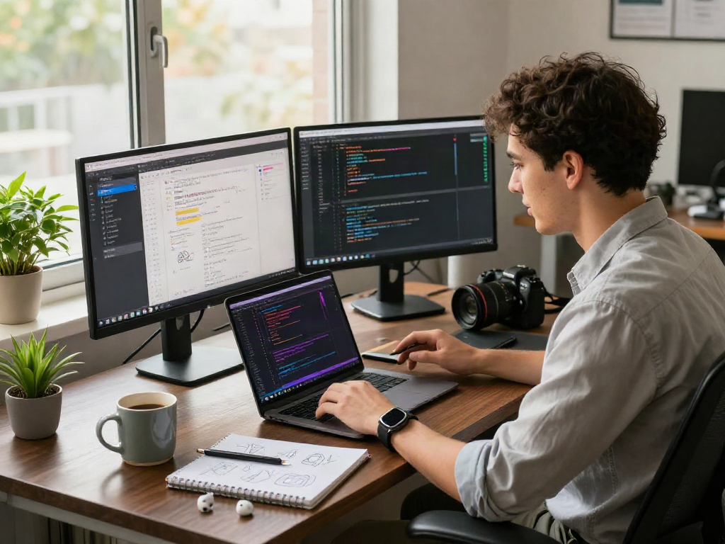Young professional at a modern tech workspace, coding and collaborating, illustrating a crush on innovative app development.