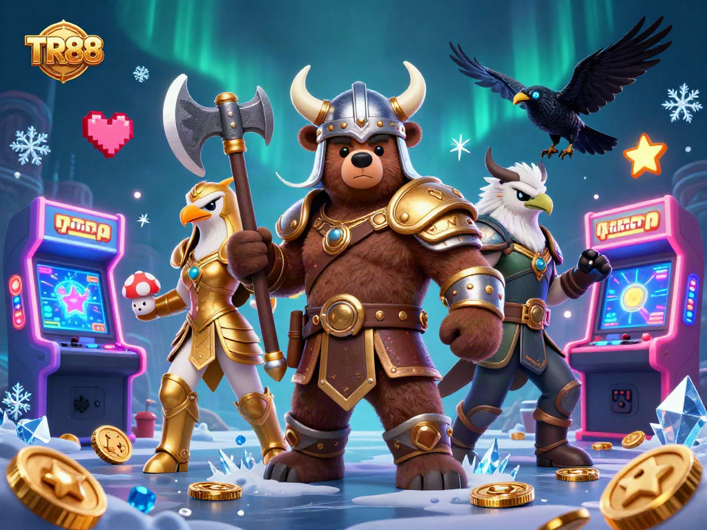 Experience TR88 with a dynamic scene of a Viking berzerker and Valkyrie in an arcade casino.