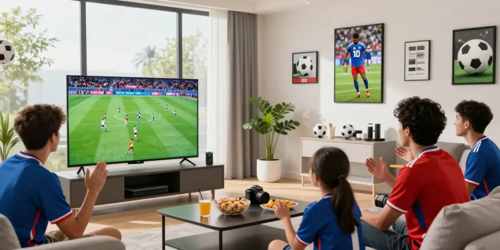 Fans enjoying thập cẩm tv soccer matches in a lively living room.