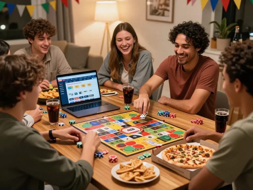 Engaging game night scene showcasing friends playing with man88 online betting, surrounded by snacks and a lively atmosphere.