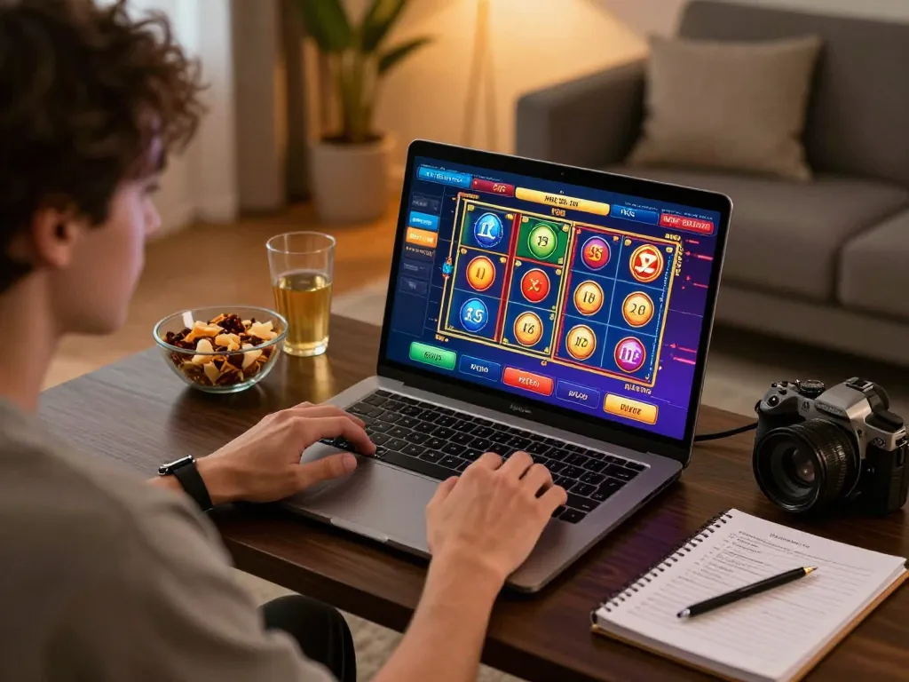Player engaging in online gambling at home with tylekeo casino interface visible on screen