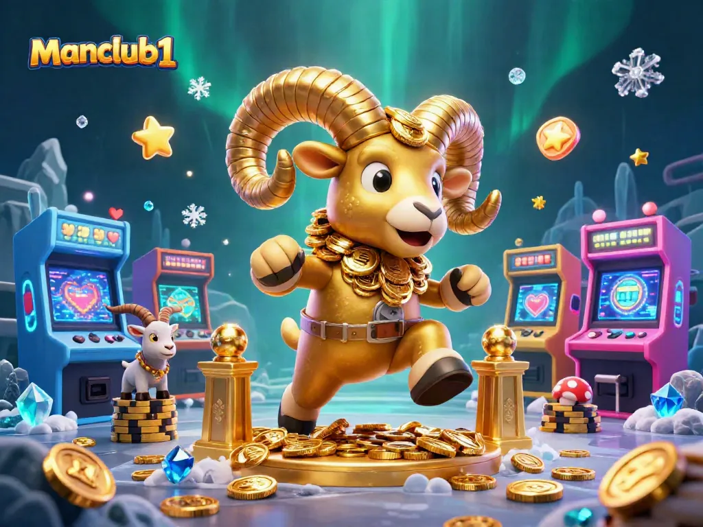 Experience thrilling gameplay at manclub1 with a powerful golden ram charging through a vibrant casino scene.