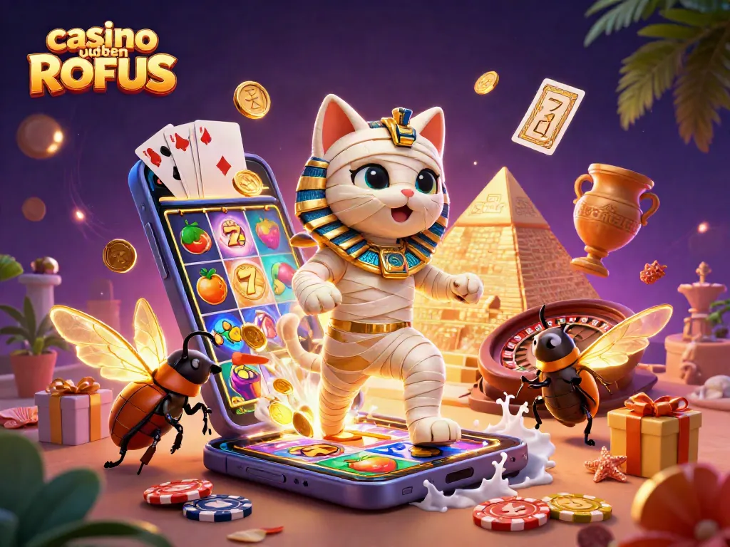 Play thrilling games at casino uden ROFUS with a vibrant 3D illustration featuring a mummy cat and golden scarab.