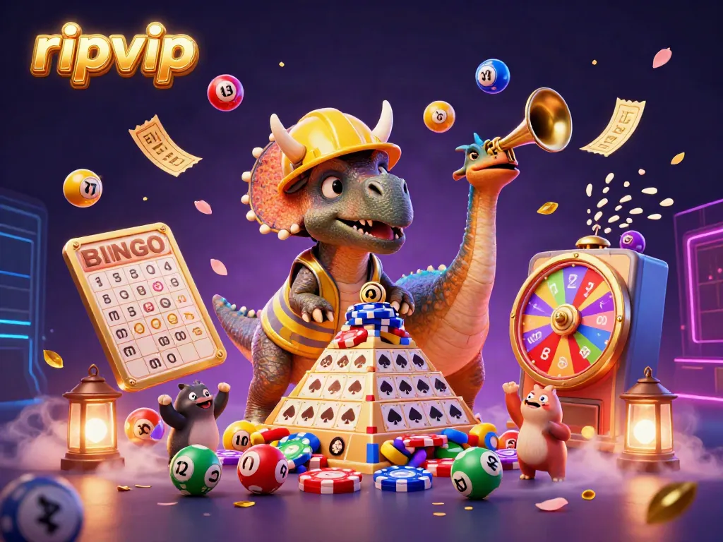 Engage with ripvip in a dynamic casino scene featuring triceratops building poker chips, lottery, and bingo elements.