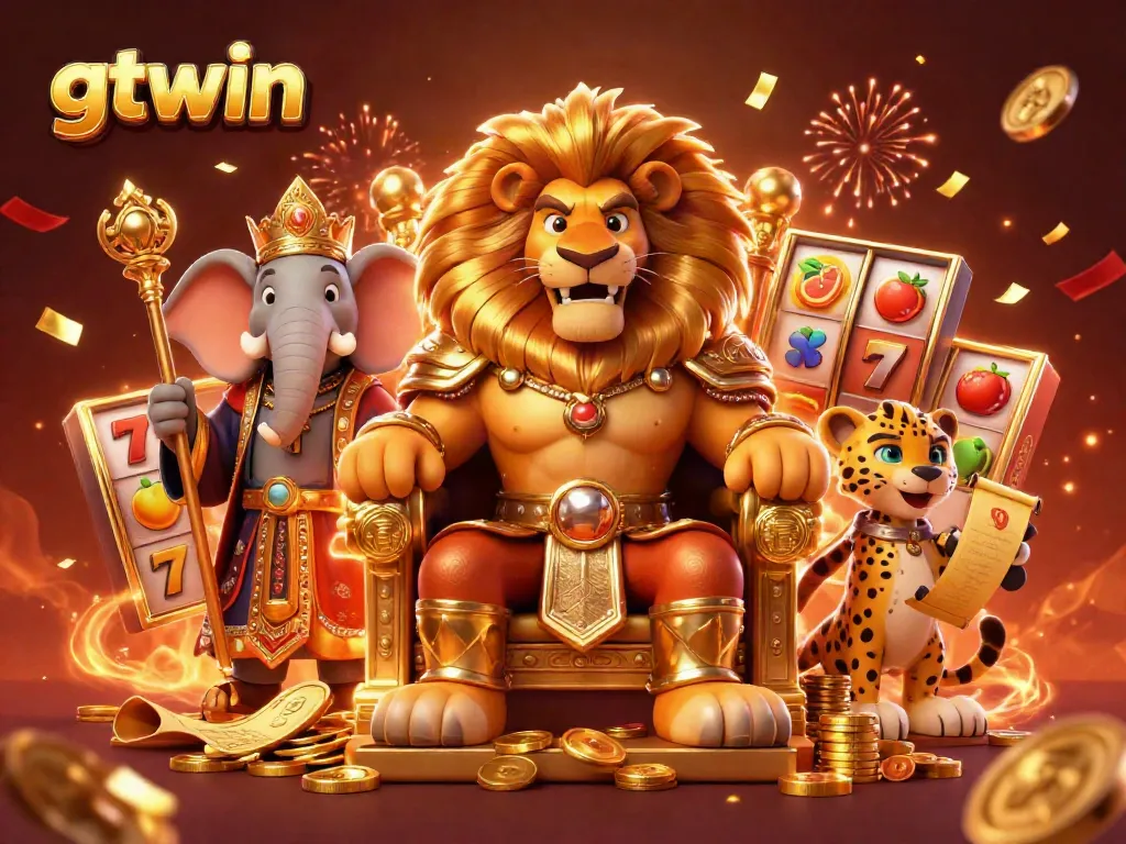 Win big with gtwin at this dazzling 3D casino scene showcasing the fierce lion king and interactive slot elements.