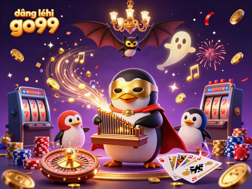 Experience the excitement of đăng ký go99 with a dynamic casino scene featuring golden coins, a 3D penguin character, and rich visuals.