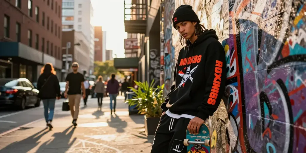 Stylish model showcasing ROKOK88 streetwear from Machine Gun Kelly, set in vibrant urban environment.