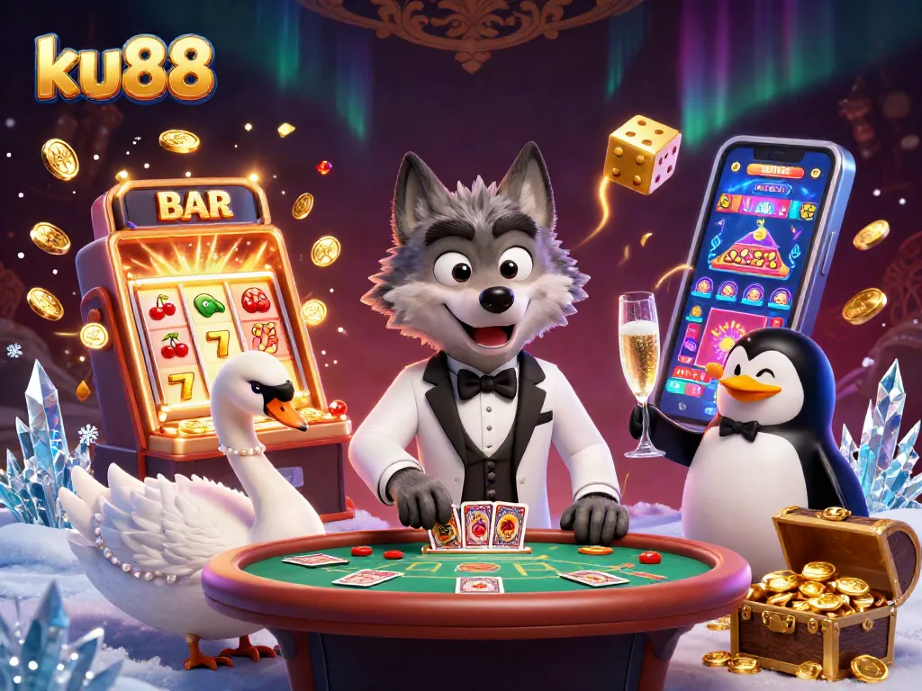 Experience thrilling wins at ku88 with a vibrant 3D casino scene featuring unique characters and gaming elements.