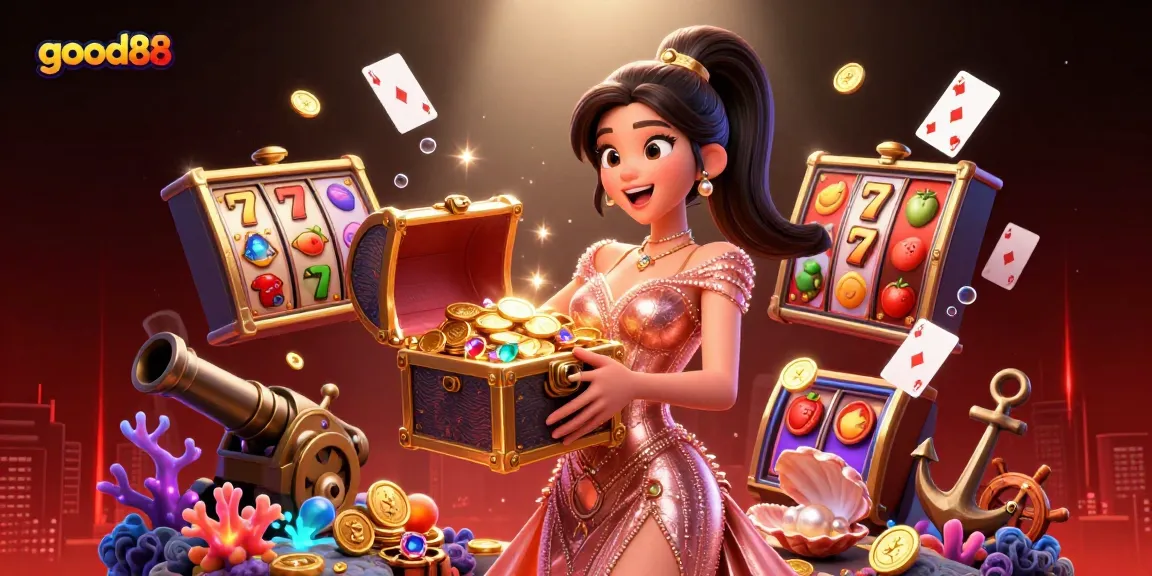 Experience the excitement of good88 with a stunning Asian woman revealing treasures in a lively casino scene.