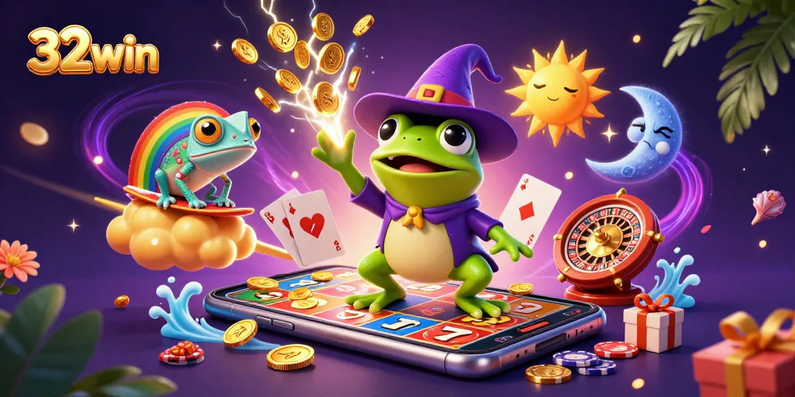 Experience the magic of 32win with enchanting characters in a vibrant casino-themed scene.
