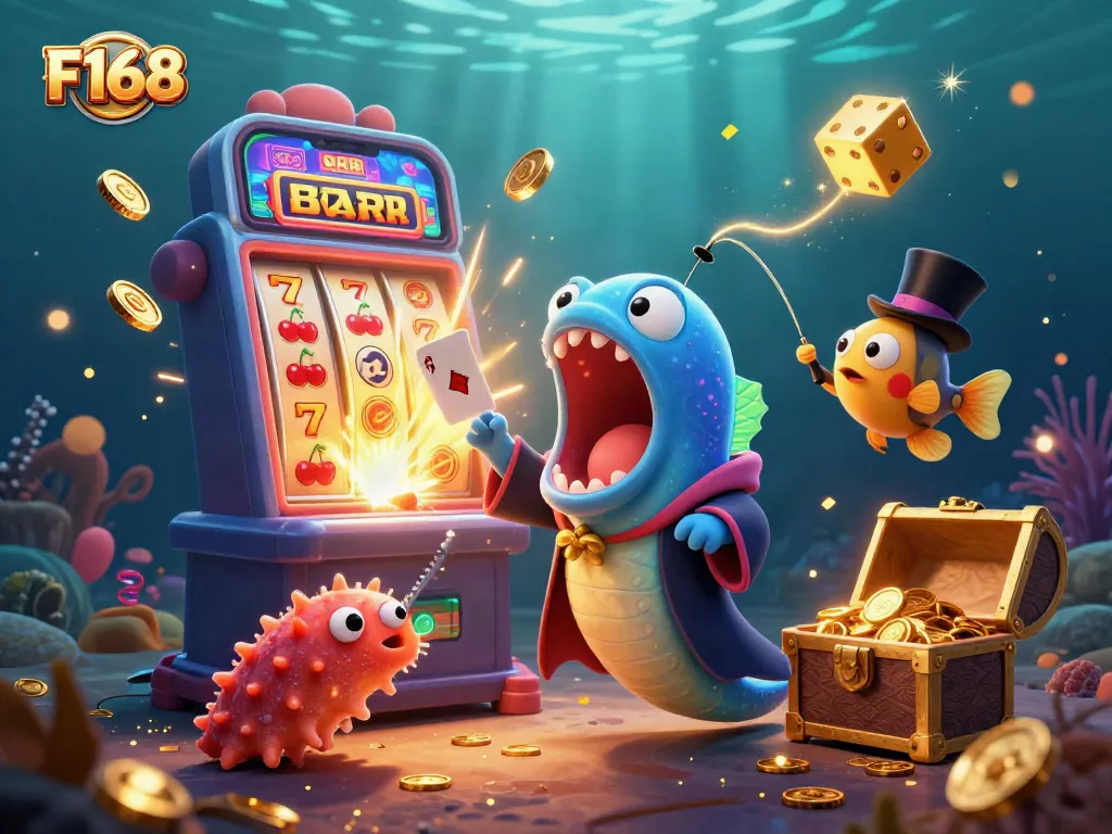 F168 showcases a captivating 3D casino scene featuring engaging characters performing tricks amid a jackpot explosion.