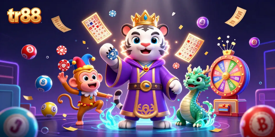 tr88 offers a vibrant casino scene featuring a royal tiger, a jester monkey, and dynamic lottery elements.