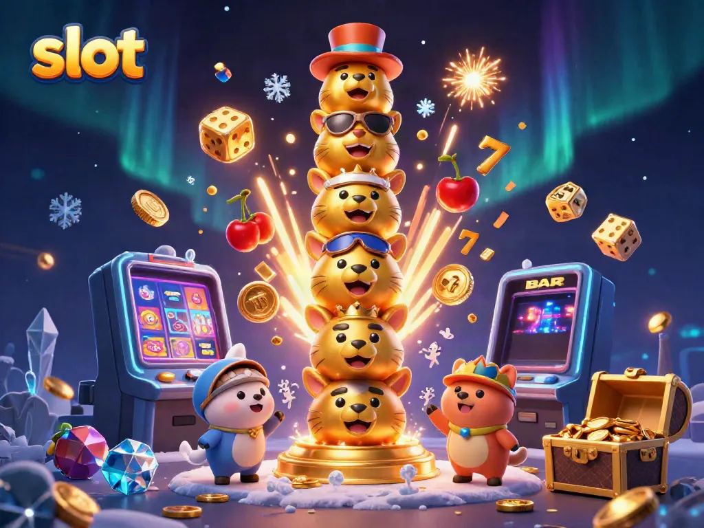 Celebrate wins with exciting slot machine jackpots and lively casino characters in a colorful depiction.