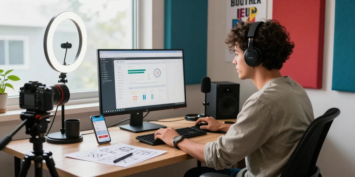 Content creator analyzing how much YouTube Shorts pay to content creator in a vibrant home studio.