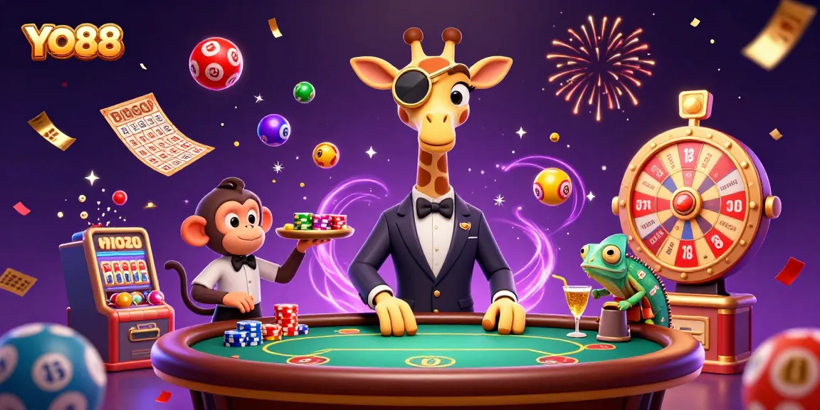 Engage with YO88's vibrant casino adventure featuring high-roller giraffe and dynamic game elements.