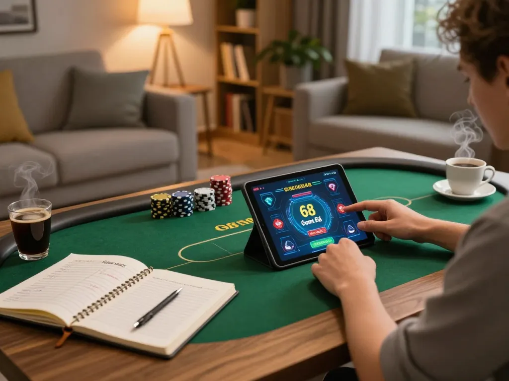 Engaged player using tablet for 68 Game Bài, showcasing strategic poker gameplay.