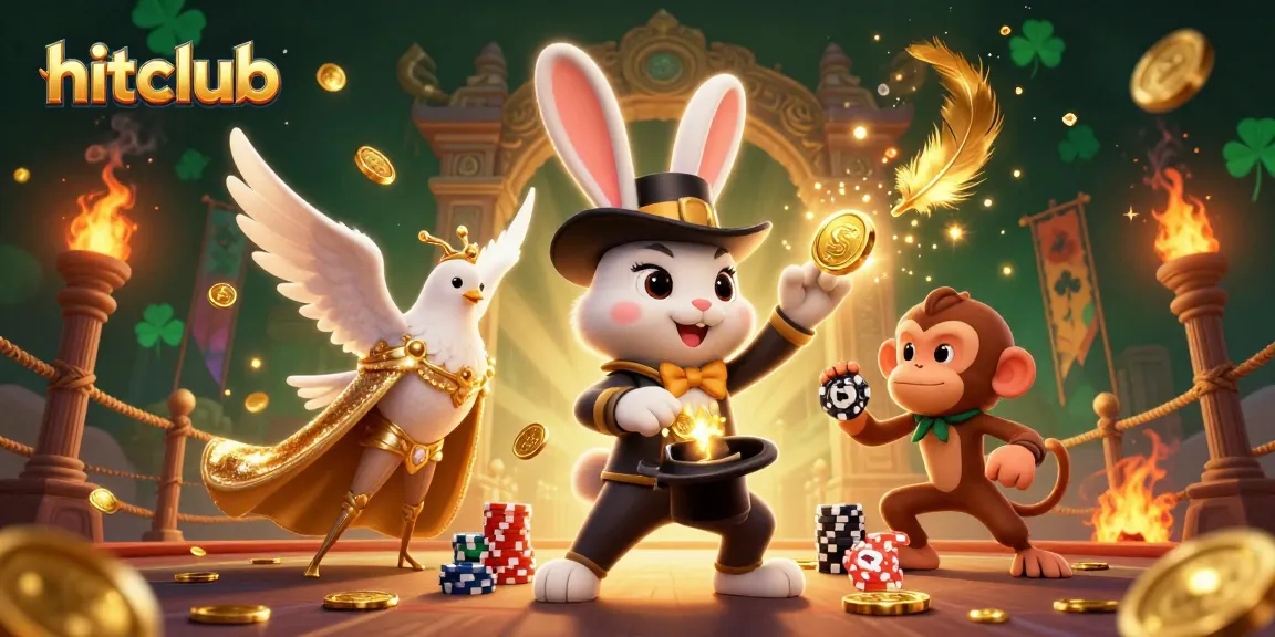 Experience hitclub's magical atmosphere with a vibrant casino scene featuring a magician rabbit and a charming monkey.