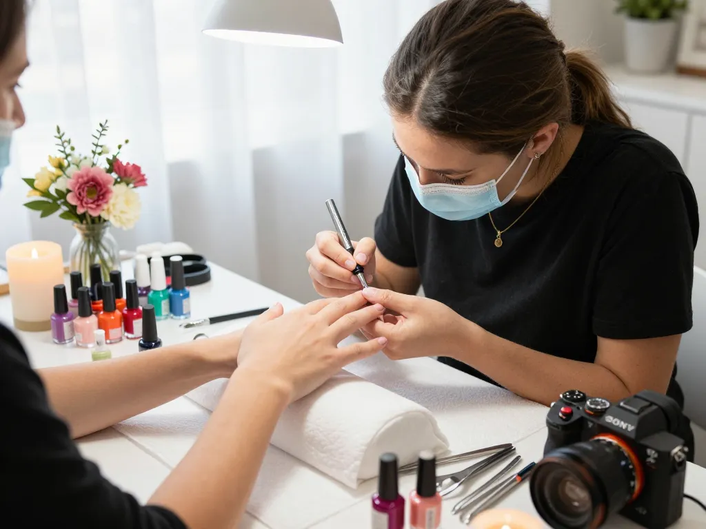 Nails being artfully applied with vibrant colors in a clean beauty salon.