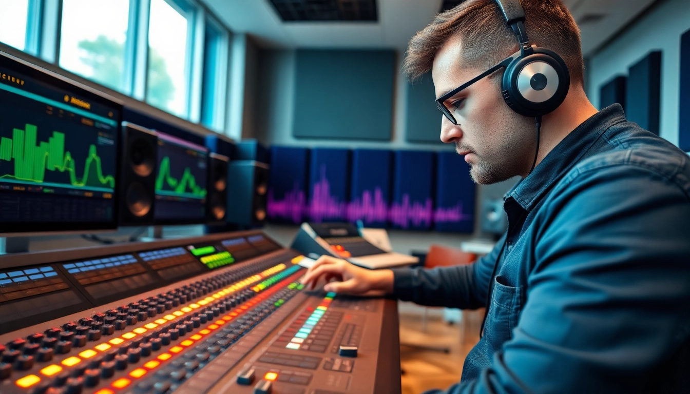 Audio engineer mastering tracks online in a modern studio setting with soundwave visuals.