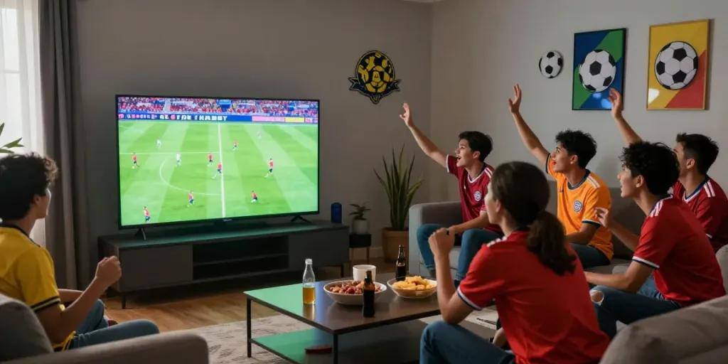 Friends enjoying a live Gà Vàng TV soccer match in a cozy living room.
